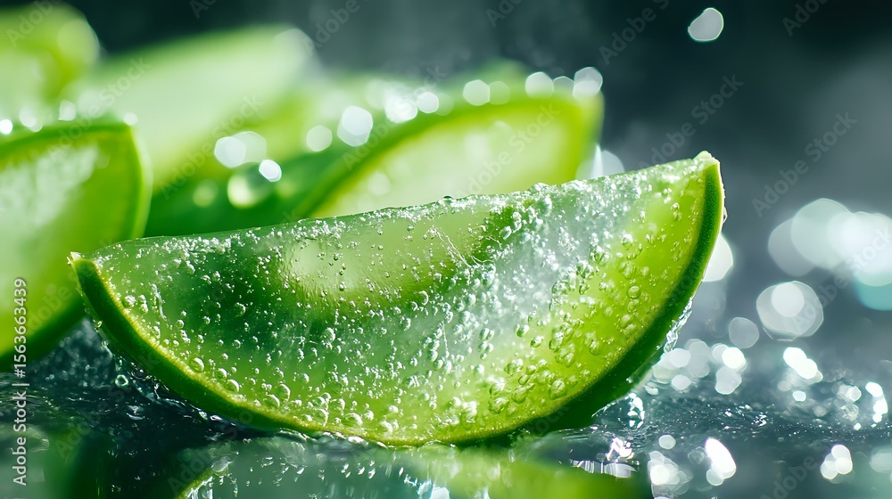 Poster fresh lime wedges with water drops and sparkling bokeh effect on dark background, macro shot showing
