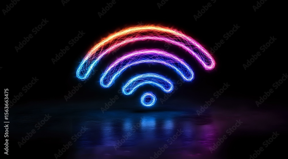 Poster glowing neon wifi symbol with gradient color from red to blue floating in dark space with reflection