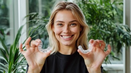 Healthy smiling young woman showing vacuum form retainer to fix orthodontic problems with teeth	