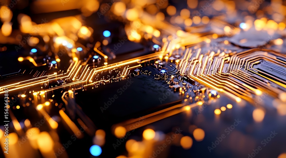 Poster glowing circuit board with golden light trails and bokeh effects creates futuristic technology backg