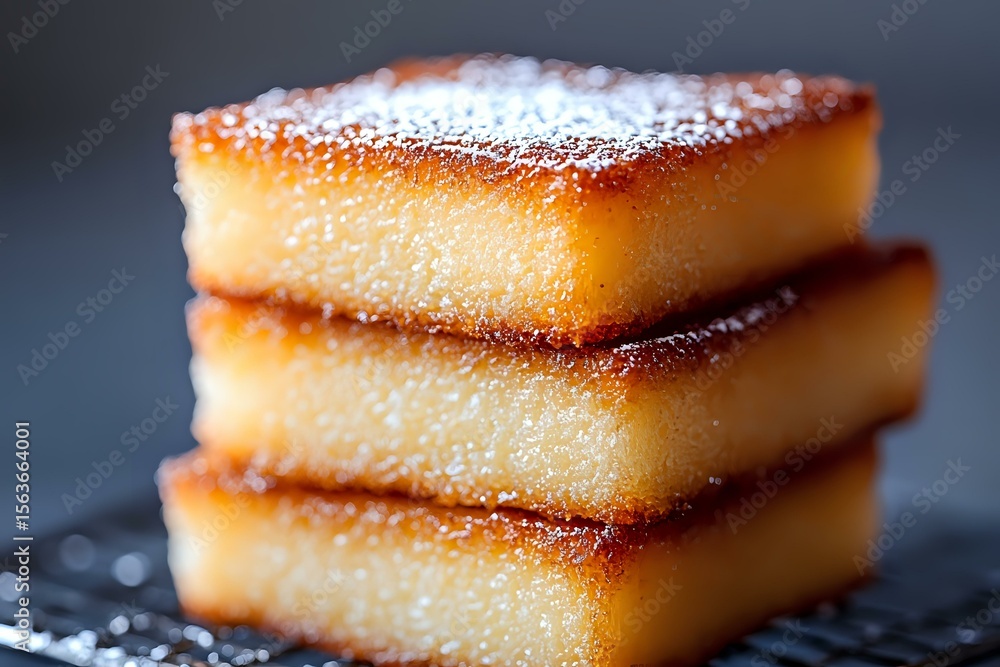 Poster stack of homemade butter cake squares dusted with powdered sugar on dark background, close up macro 