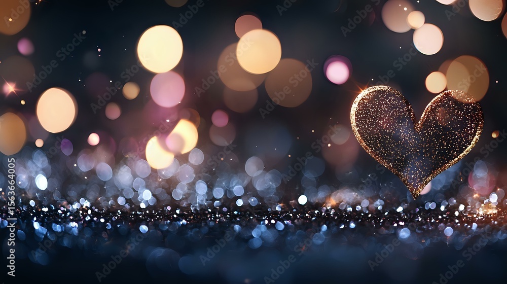 Poster glowing heart shape with sparkles against dark background with soft bokeh lights creating romantic a