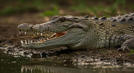 Obraz premium A crocodile lurking at the water’s edge with sharp teeth exposed