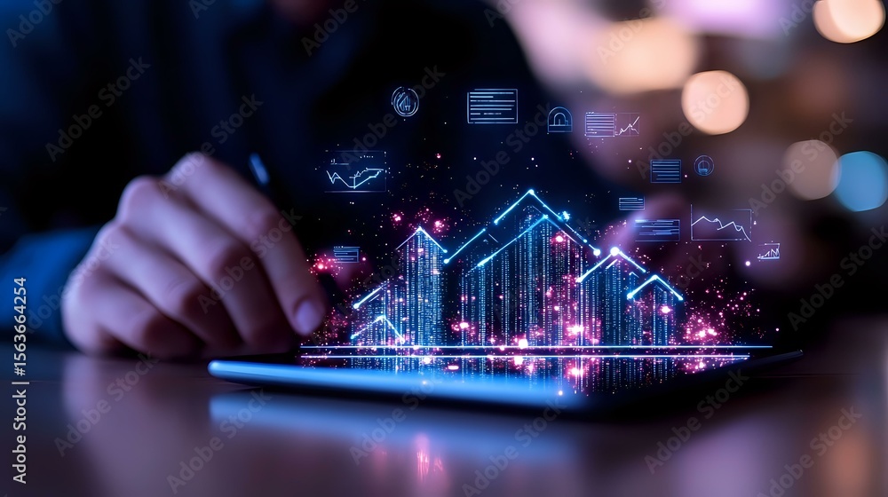 Poster glowing financial chart hologram emerging from digital tablet with business icons and bokeh lights, 