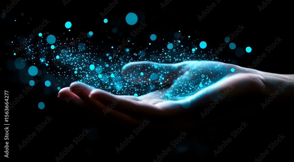 Poster magical glowing blue particles and light trails floating above open palm against dark background, cr