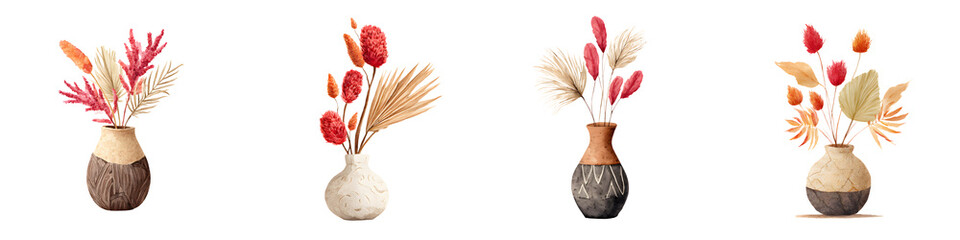 Obraz premium Watercolor Dried Flowers in Vases Collection on White