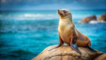 Fototapeta premium A Majestic Sea Lion Perched on a Coastal Rock, Gazing at the Serene Ocean