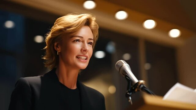 Leader delivering a speech at podium with microphone and focused expression