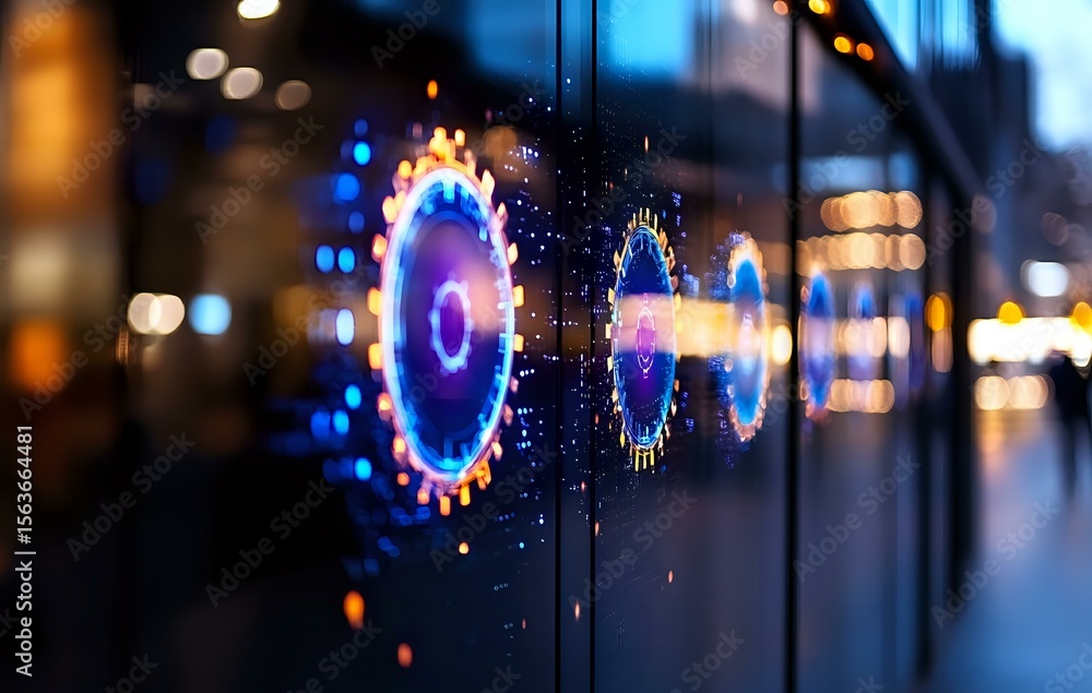 Poster glowing blue and purple circular holograms on glass surface with bokeh city lights in background cre