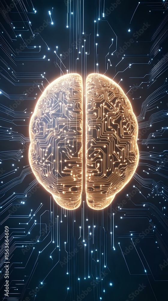 Poster glowing digital brain with circuit pattern and neural connections on dark background, representing a