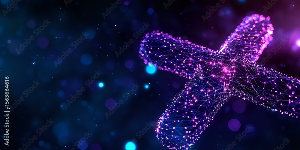 Poster glowing purple chromosome structure with dna helix pattern floating in dark space with bokeh lights 