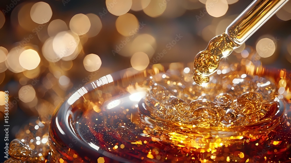 Aufkleber amber liquid splashing in glass with golden droplets and bokeh lights background, macro photography 