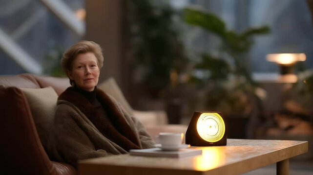 Moderator facilitating discussion in cozy lounge setting
