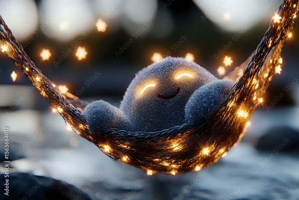 Aufkleber cozy plush toy sleeping in illuminated hammock with warm fairy lights creating magical atmosphere ag