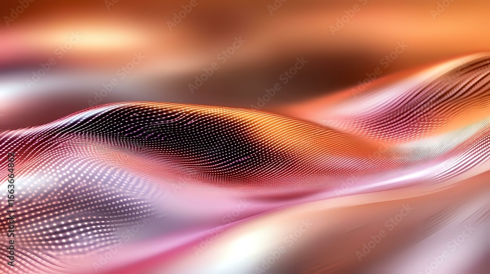 Poster abstract digital wave pattern in orange and pink tones with dotted mesh surface creating dynamic flo