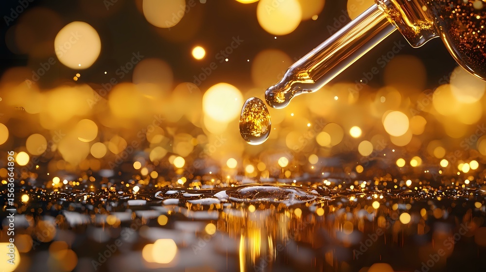 Aufkleber dropper with golden liquid creating ripple effect on reflective surface against blurred bokeh lights