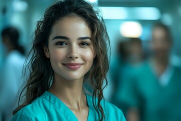 Obraz premium Young female medical professional in turquoise scrubs smiling confidently at camera with hospital staff in background, warm natural expression showcasing healthcare workplace.