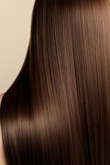 Silky smooth brown hair texture closeup showing straight, glossy strands against neutral background, demonstrating healthy hair care and beauty treatment results.