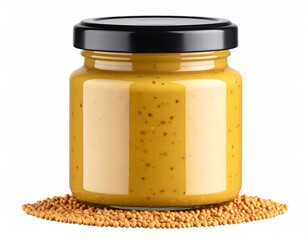 3D mustard jar with mustard seeds beside, isolated clear background