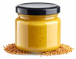 3D mustard jar with mustard seeds beside, isolated clear background