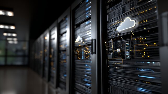 Server Room Rows of Data Servers with Illuminated Cloud Icons Data Center
