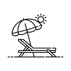 Minimalist line art of a beach scene with lounge chair and umbrella under the sun, symbolizing vacation, peace, and summer relaxation