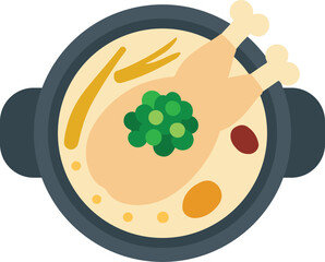 Traditional Korean dish Samgyetang, featuring a whole chicken boiled with ginseng, jujube, and garlic. Popular in summer as a stamina food during Boknal days.