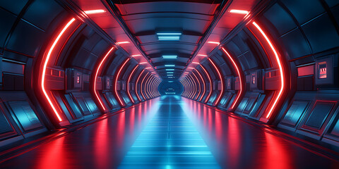 Scifi corridor with glowing neon lights reflecting off the floor of a spaceship interior design,abstract futuristic tunnel with red and blue colors