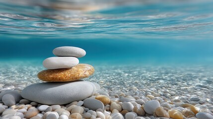 Stack of smooth pebbles balanced on shallow rocky seabed underwater with clear blue water surface above rocks and natural sunlight shining through calm ocean scene
