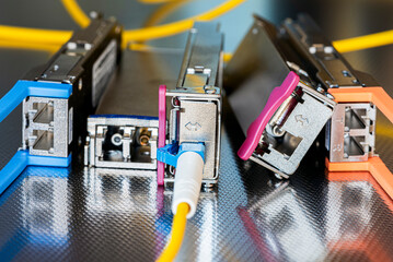 Set of Small Form-Factor Pluggable with Fiber Optic Cable Used for Telecommunication and Data...