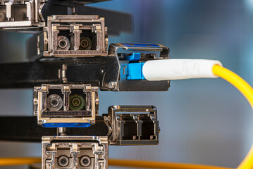 Set of Small Form-Factor Pluggable with Fiber Optic Cable Used for Telecommunication and Data...