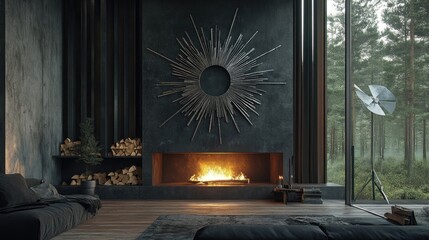 Modern, dark living room with fireplace and forest view.