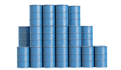 Blue chemical barrels isolated on transparent background. Storage tanks contains chemical and industrial fluids in warehouse. 3D illustration.