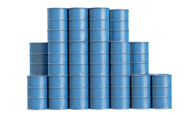 Blue chemical barrels isolated on transparent background. Storage tanks contains chemical and industrial fluids in warehouse. 3D illustration. - Powered by Adobe