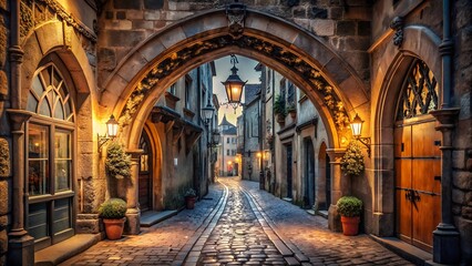 Fototapeta premium A narrow cobblestone street in a charming old european town, illuminated by warm lamplight at night, leads through a stone archway