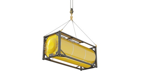 Transportable pressurized horizontal storage tank isolated on transparent background. Tank container equipped with safety valves, pressure gauges, and unloading pumps. 3D illustration.