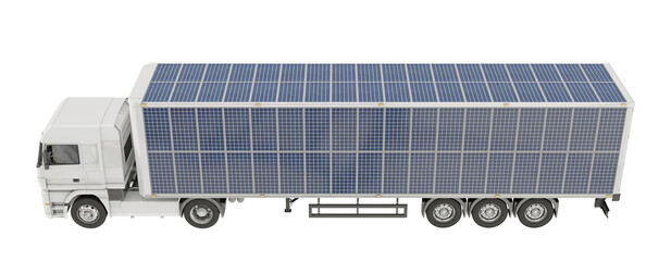 Electric semi trailer truck isolated on transparent background. Trailer equipped with supplementary solar panel energy source. Eco-friendly transport concept. 3D illustration.