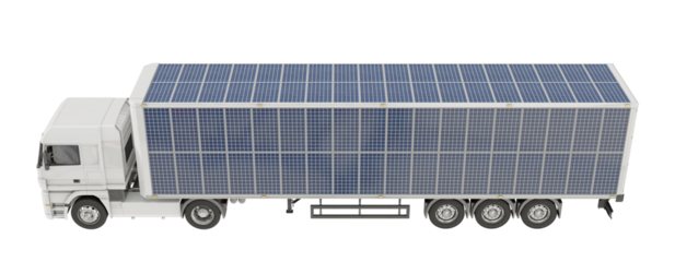 Electric semi trailer truck isolated on transparent background. Trailer equipped with supplementary solar panel energy source. Eco-friendly transport concept. 3D illustration.