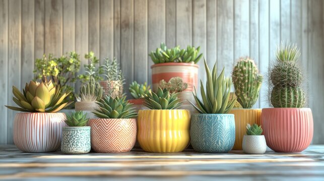Colorful potted succulents & cacti on aged wooden surface - Powered by Adobe