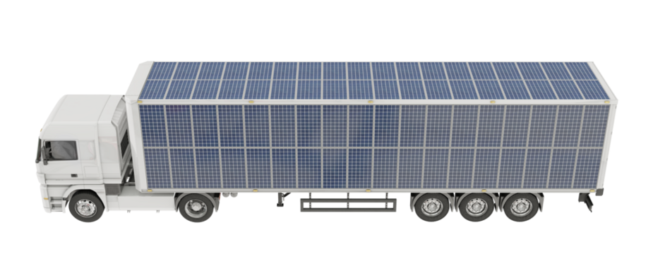 Electric semi trailer truck isolated on transparent background. Trailer equipped with supplementary solar panel energy source. Eco-friendly transport concept. 3D illustration.