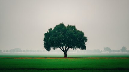 Single large tree standing alone in vast open green field with hazy sky and distant trees on the horizon creating a peaceful natural landscape scene