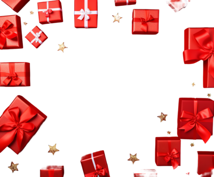 Festive Red Gift Boxes With Ribbons and Gold Stars Floating on Black on transparent background
