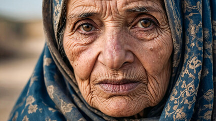 A powerful close-up portrait of an elderly woman wearing a traditional patterned headscarf.