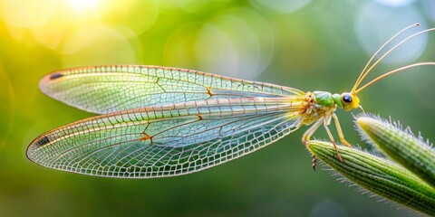 A delicate green insect with intricate, translucent wings rests gently on a vibrant green plant stem, bathed in the warm glow of sunlight.