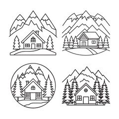 line art of swiss alpine chalet nestled in snowy set bundle on the white background