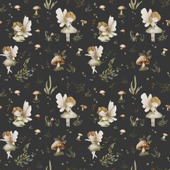 Seamless watercolor pattern with fairies, mushrooms, and forest plants on a dark background. Hand-painted magical design for fabric, kids decor, and fantasy themes.