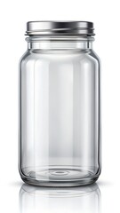 A clear empty glass jar with a silver metal lid is isolated on white background, showcasing its clean and simple design