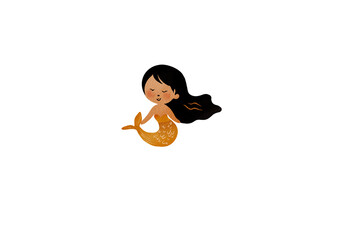 Watercolor dark-haired mermaid with long hair on a transparent background. Hand-painted clipart for kids, fairytales, and undersea themes.