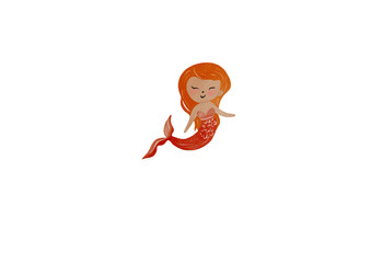 Watercolor red-haired mermaid with long flowing hair on a transparent background. Hand-painted clipart for baby products, nursery, and ocean designs.