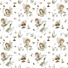 Seamless watercolor pattern with fairies, mushrooms, and forest plants on a white background. Hand-painted magical design for kids, nursery, and fabric prints.